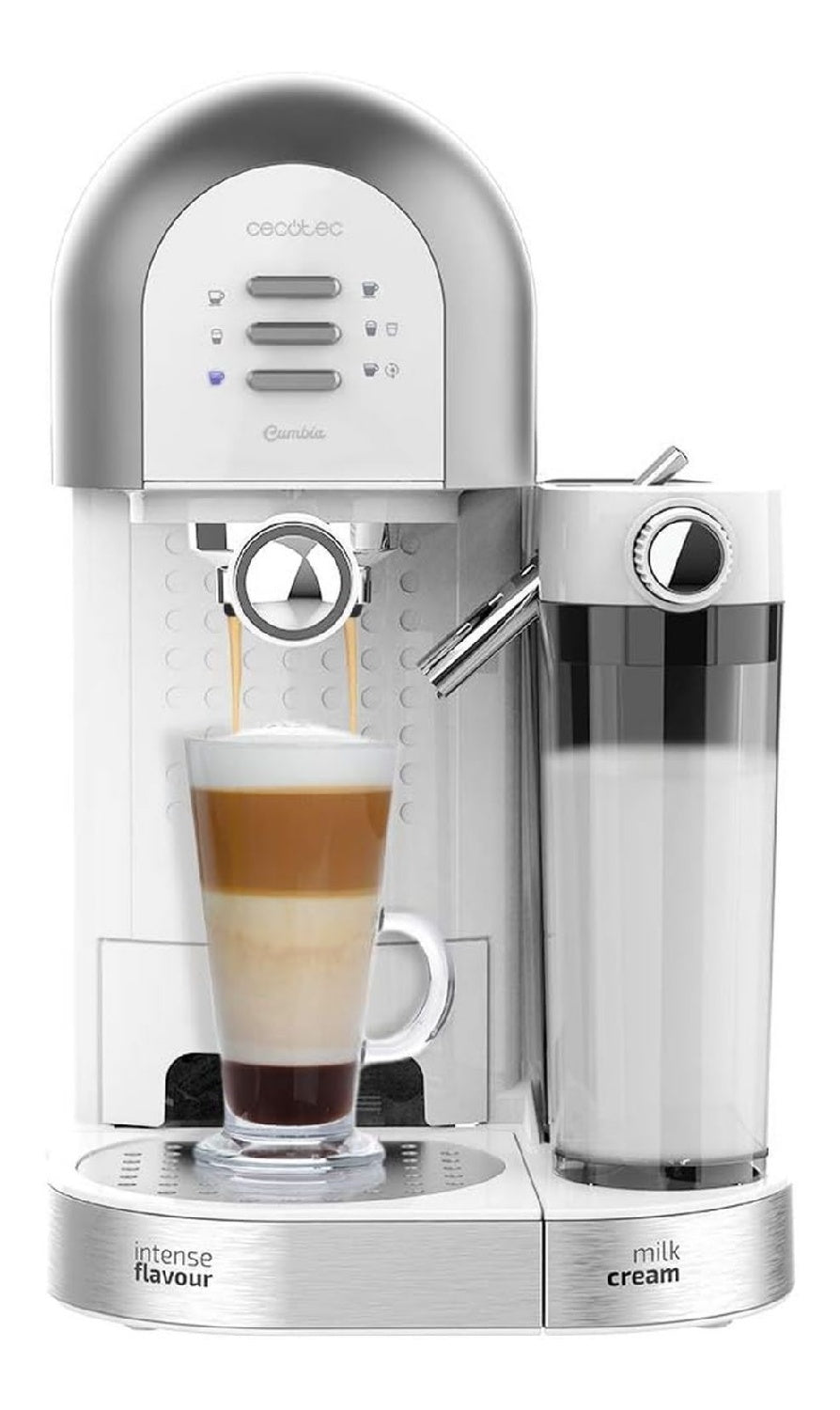 Cafetiere semi-automatique blanche, 20 bars chauffe rapide, reservoir lait, capsules et moulu, 1470 W