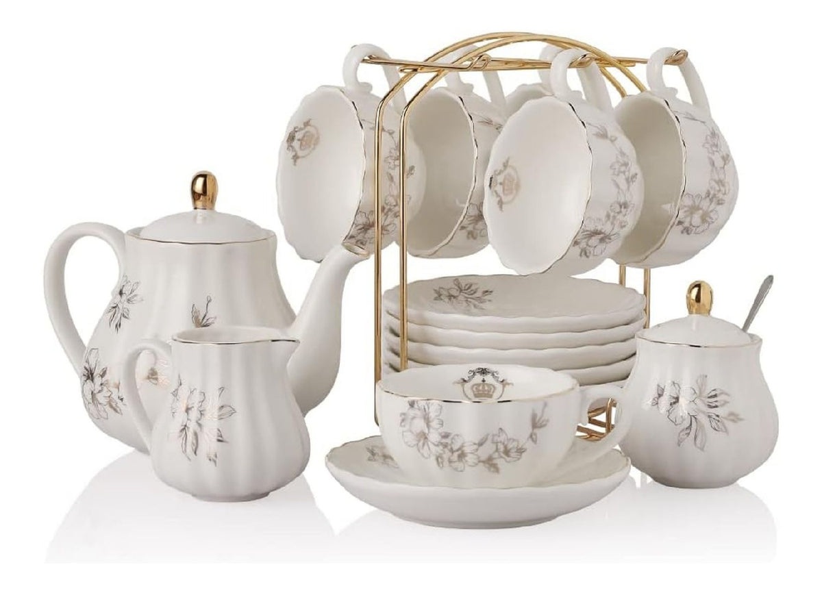 Service the porcelaine britannique presentoir dore 6 personnes floral