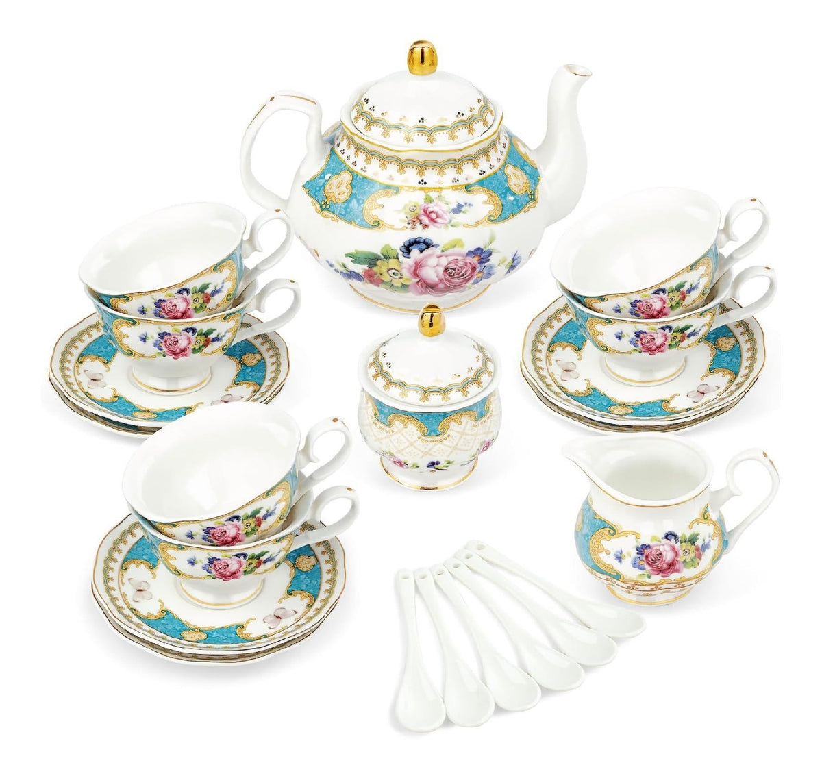 Service the 21 pieces porcelaine vintage bleu turquoise royal