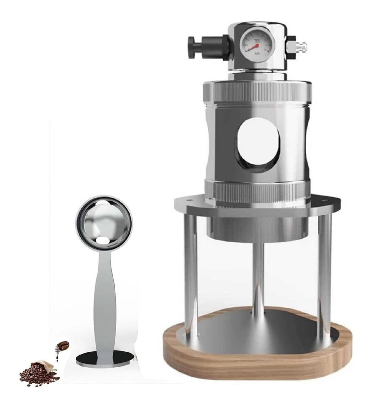 Cafetiere Expresso a Pression dAir Inox avec Manometre et Socle Bois avec Cuillere
