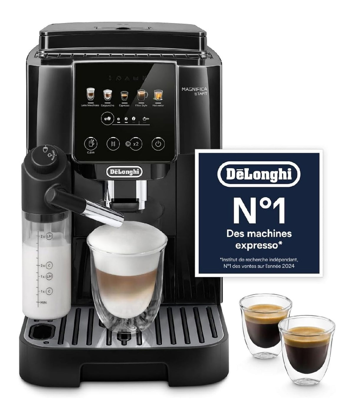 Machine grains automatique 4 boissons noire, carafe lait refrigerable, compacte pour famille