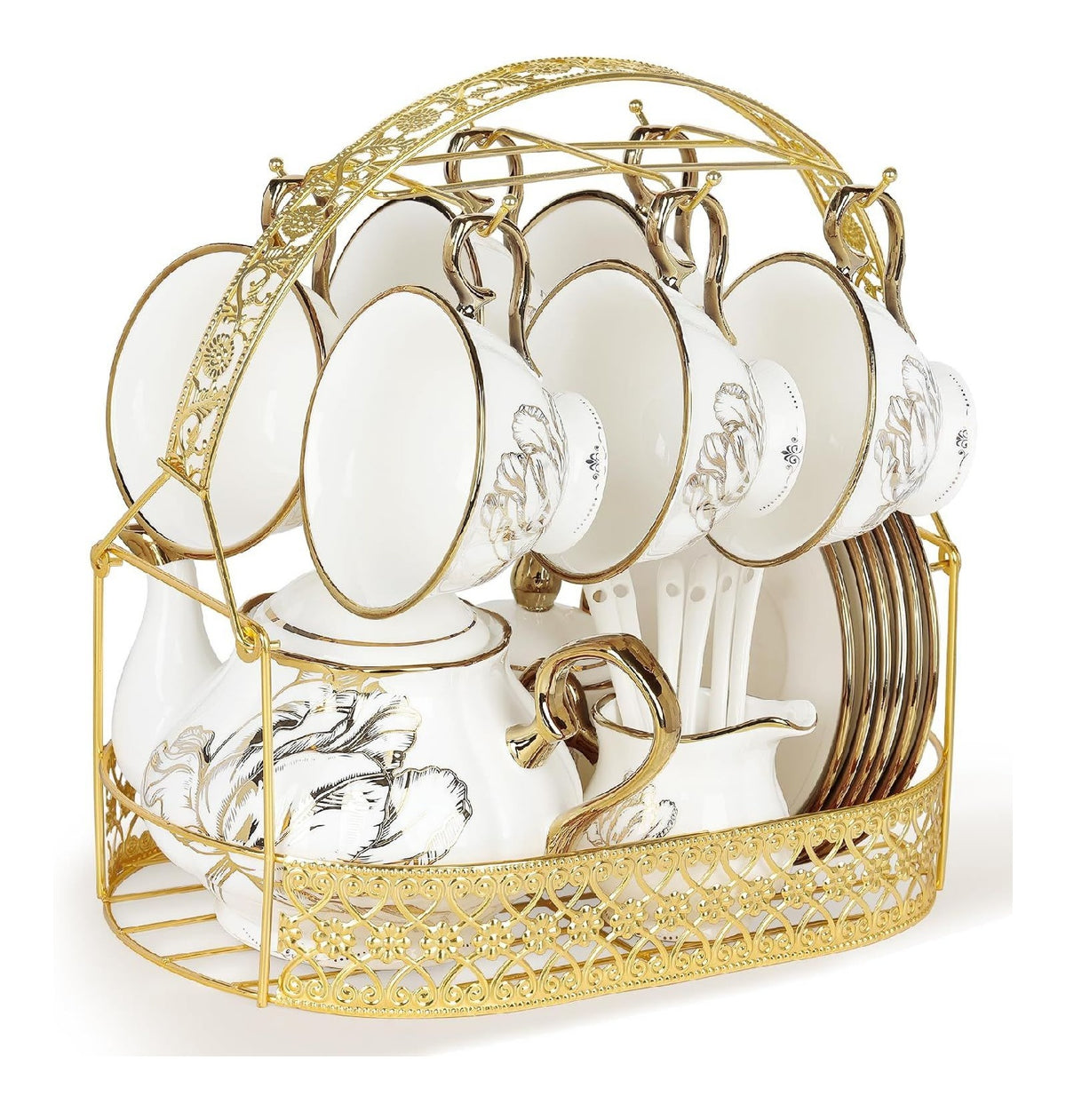 Service the britannique presentoir dore ajoure 6 tasses floral gris