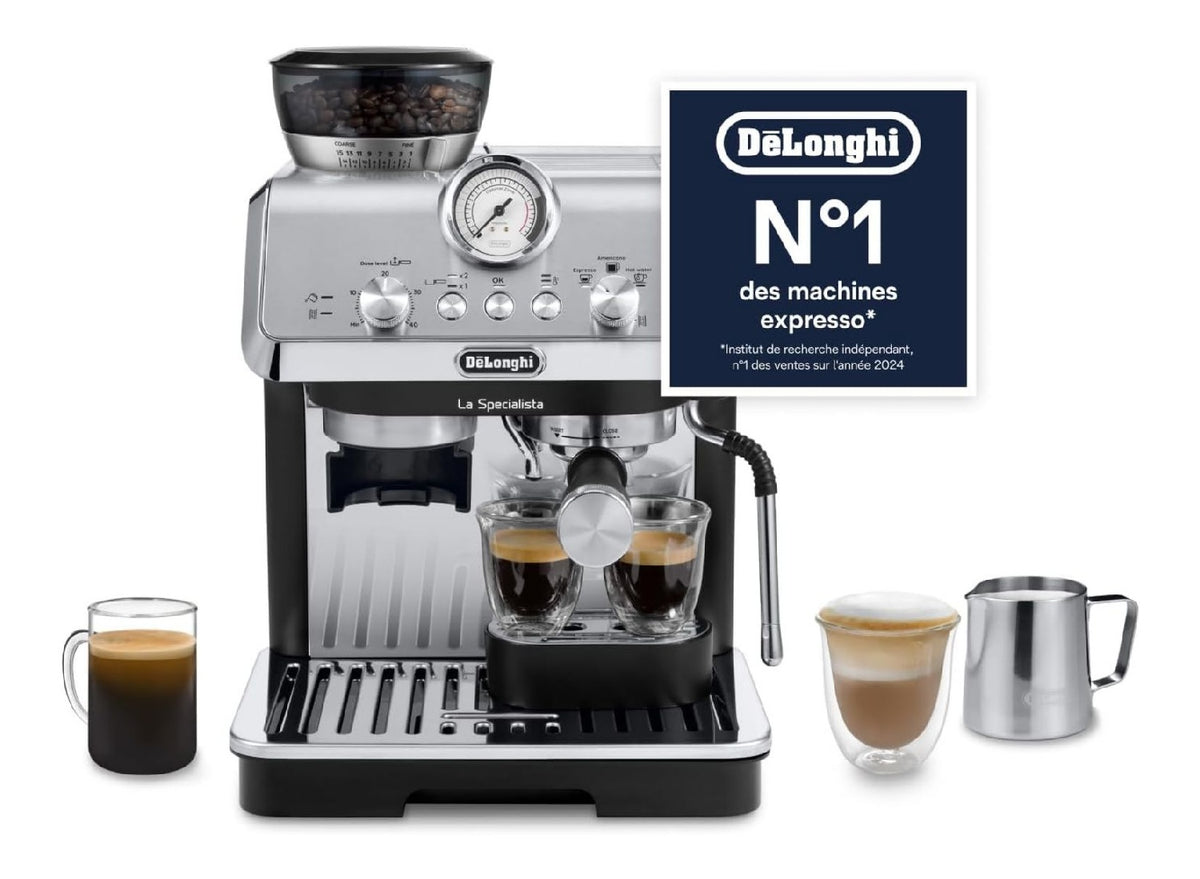 Machine espresso manuelle a moulin 8 reglages, controle temperature actif, latte art guidee, inox