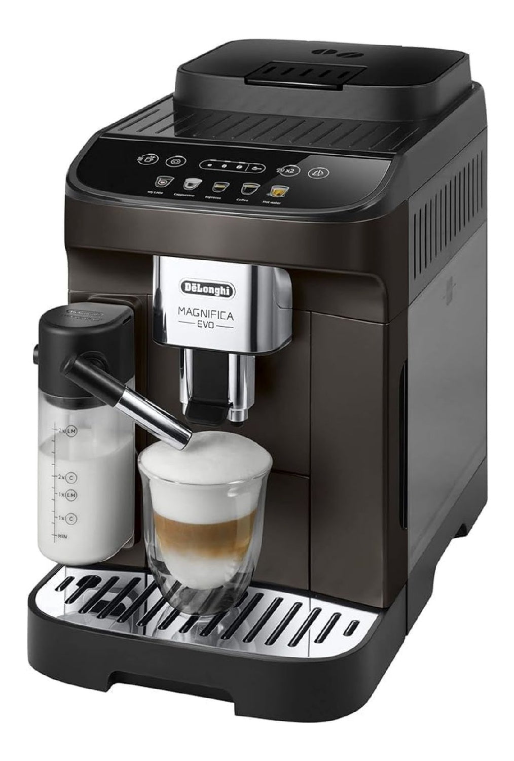 Machine grains compacte gris, buse lait integree, cafe fraichement moulu, design moderne