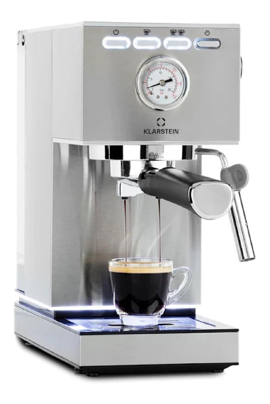 Machine espresso compacte inox, 1350 W, 7-9 bars, porte-filtre, buse vapeur pour cappuccino