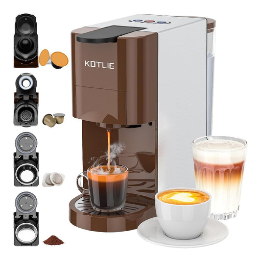 Cafetiere multi-capsules compacte 4 en 1, extraction haute pression, design marron et inox