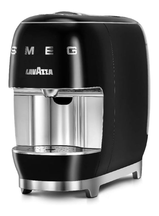 Machine capsules design retro noir, lignes arrondies et chrome, expresso cremeux en un bouton