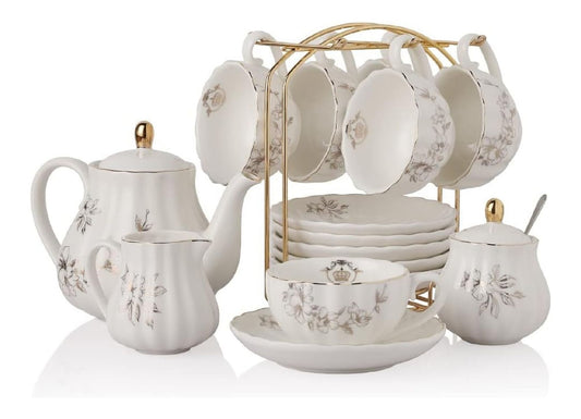 Service the porcelaine britannique presentoir dore 6 personnes floral