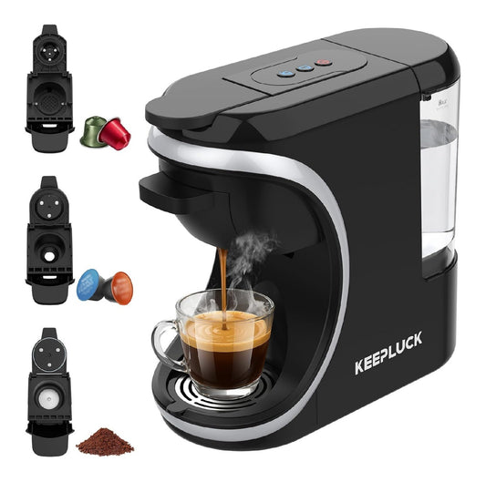 Cafetiere 3 en 1 capsules et moulu, 19 bars, 3 adaptateurs interchangeables, noire compacte