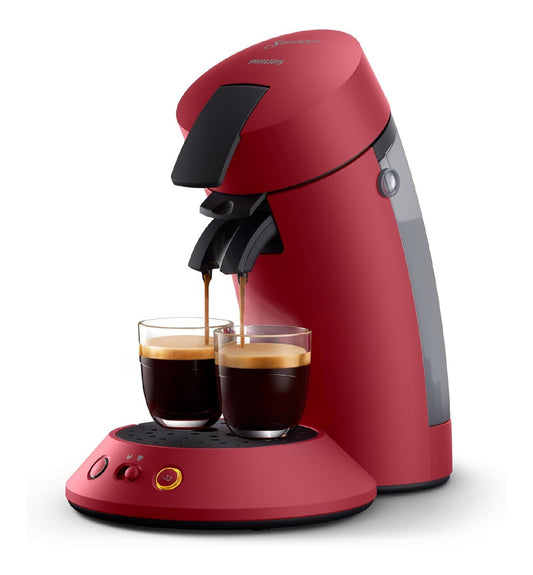 Cafetiere a dosettes rouge, 2 tasses simultanees, technologie creme plus, selecteur intensite personnalisee
