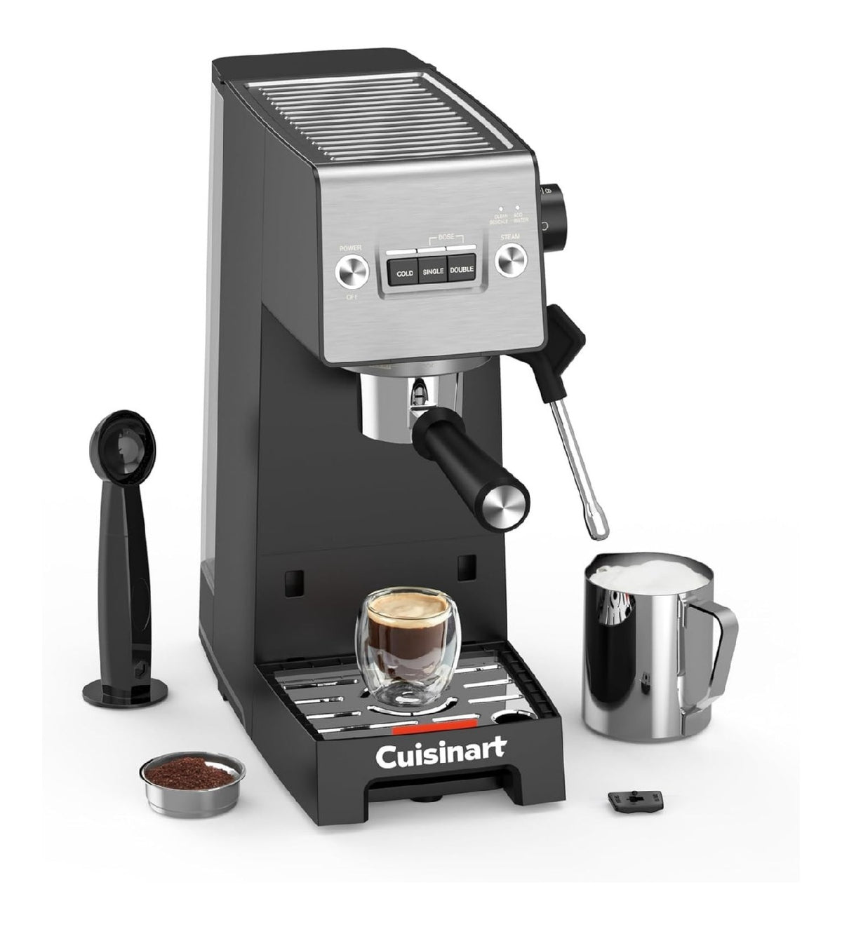 Expresso slim noir et inox, mode cold brew, mousseur lait integre, 15 bars, portefiltre 58 mm