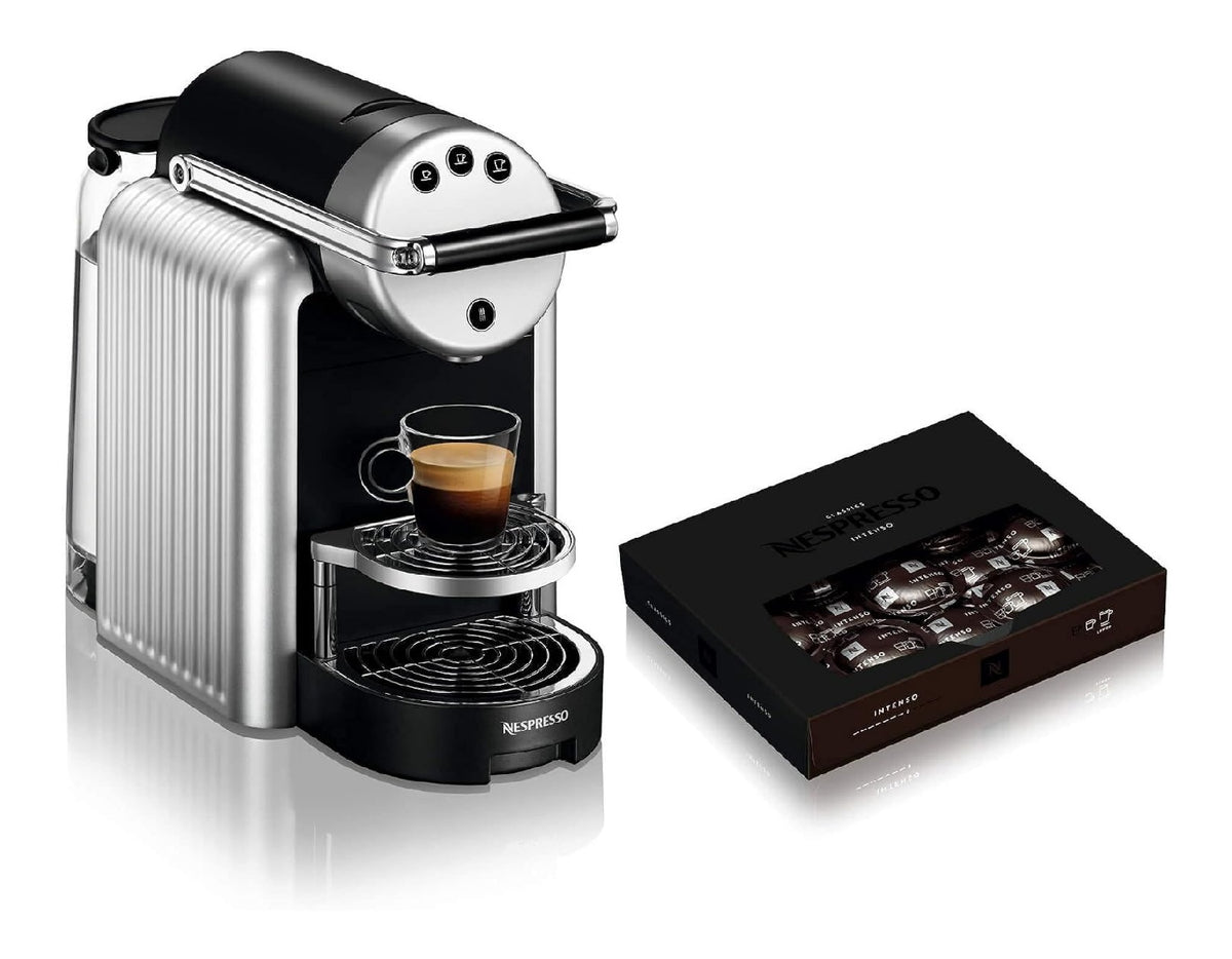 Cafetiere capsules professionnelle compacte, pret en 15 secondes, design industriel chrome pour bureau