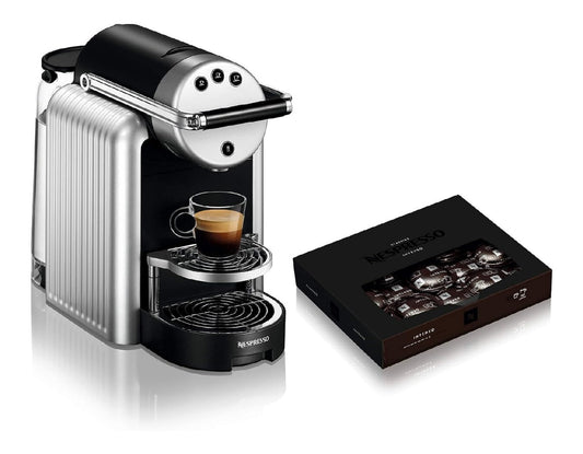 Cafetiere capsules professionnelle compacte, pret en 15 secondes, design industriel chrome pour bureau