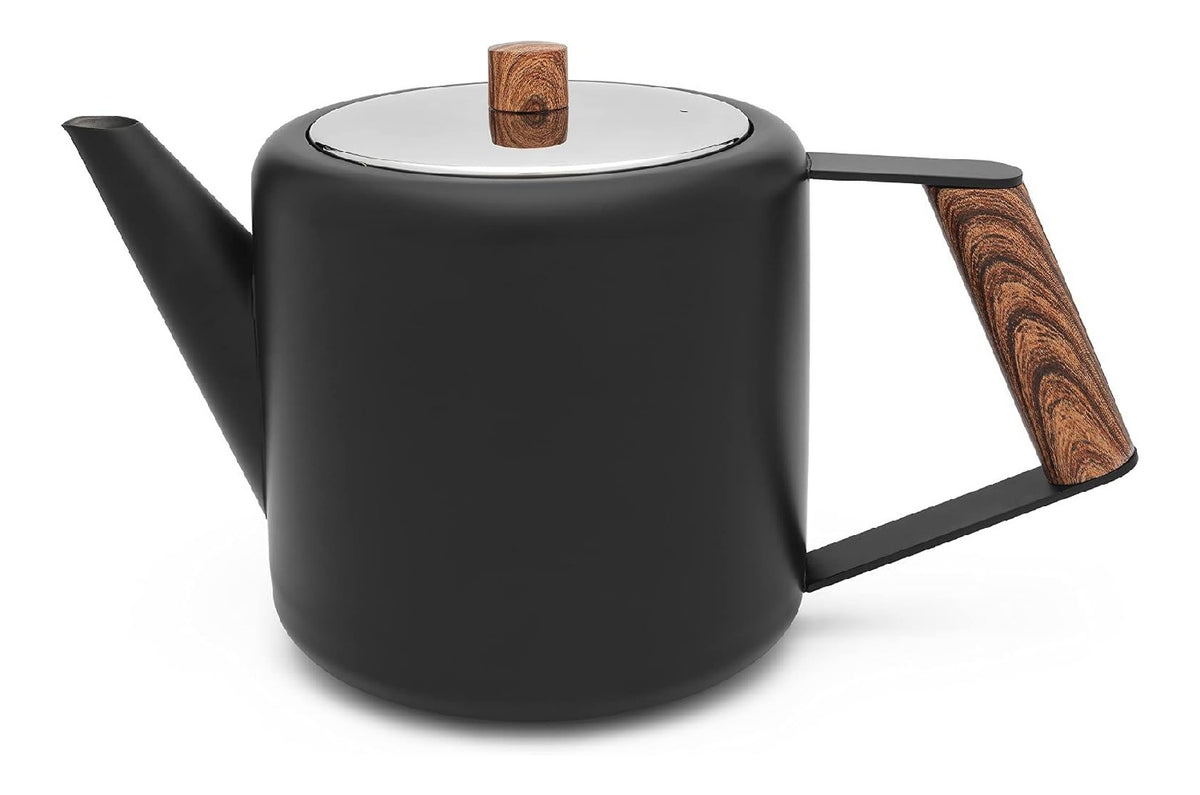 Theiere double paroi inox 1.1L design Boston bouton bois