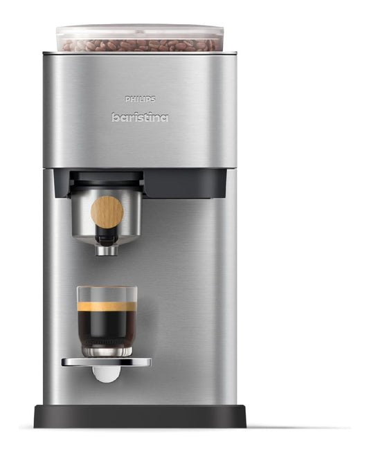 Machine a Espresso Grain Inox avec Moulin Integre et Porte-Filtre Bois