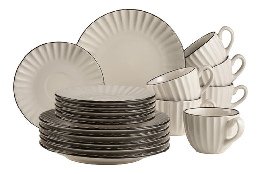 Service a cafe 18 pieces gres blanc creme bord noir 6 personnes