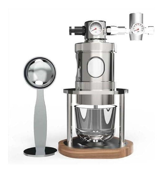 Machine Expresso Pneumatique Manuelle Inox Double Manometre et Socle Bois avec Cuillere