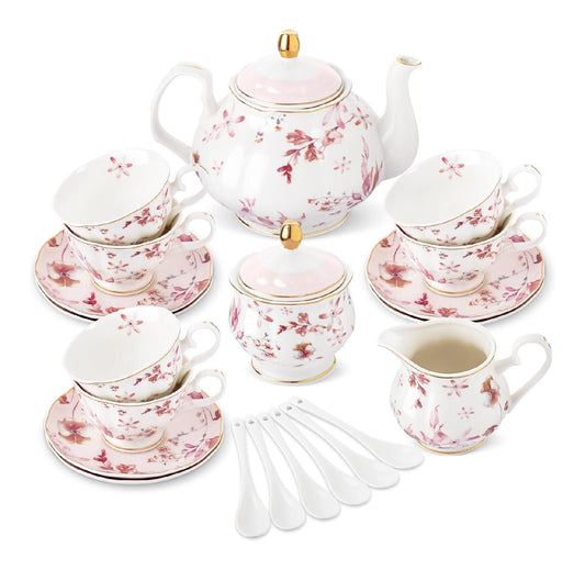 Service the 21 pieces porcelaine fleurie rose bord dore 6 tasses