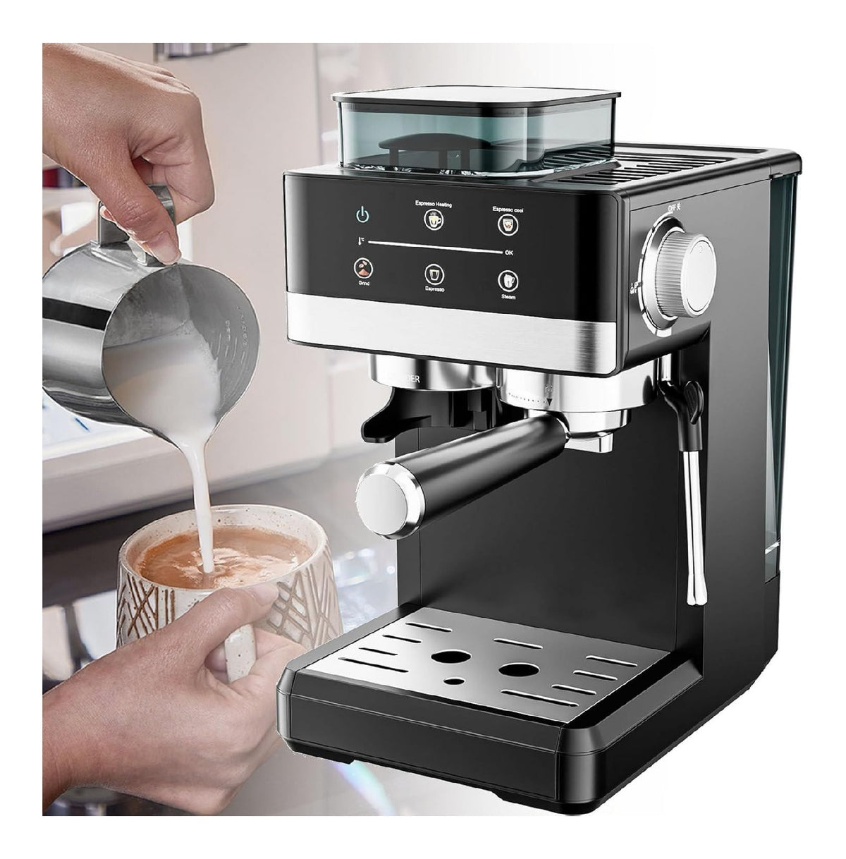 Machine Expresso 3 en 1 1350W 20 Bars Broyeur Buse Vapeur 1.8L NTC Extraction Froide
