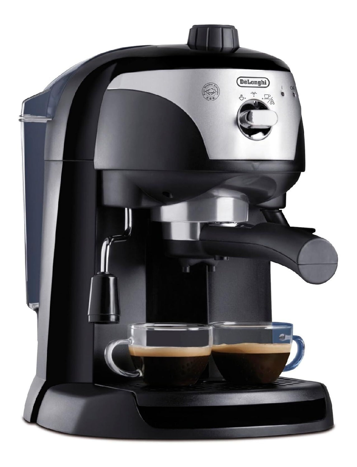 Machine espresso manuelle compacte noire, buse vapeur cappuccino, reservoir 1 L, cafe moulu