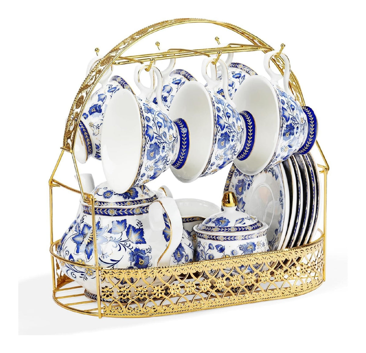 Service the fleur bleue cobalt presentoir dore 6 tasses chinois