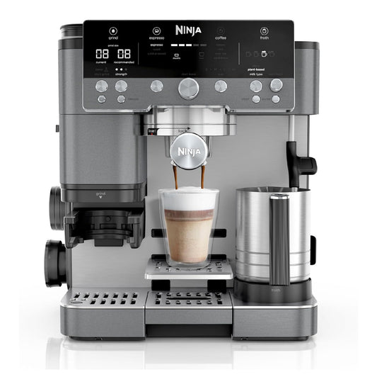 Machine a Cafe Grain Barista 3-en-1 Grise avec Moulin et Mousseur Lait