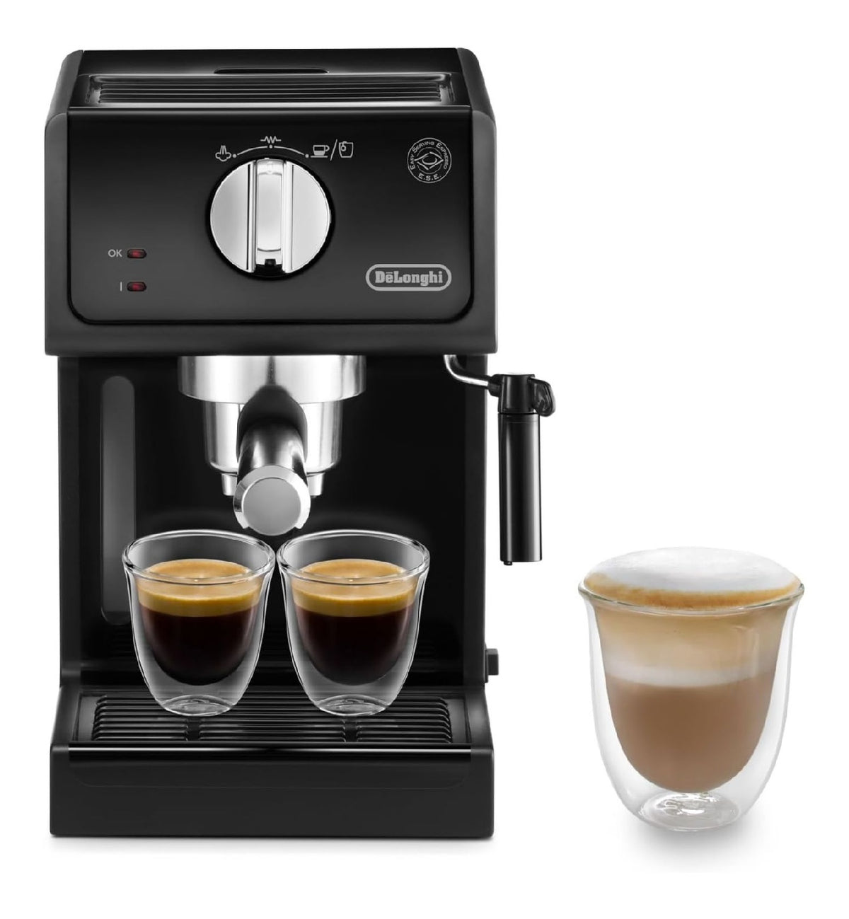 Expresso manuel noir, porte-filtre aluminium, buse mousse lait, eau chaude, 1 ou 2 tasses