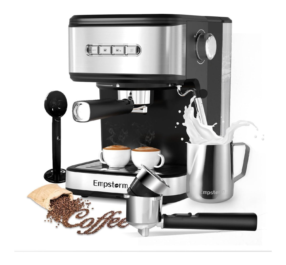 Machine Expresso 2en1 20 Bars Inox et Noir avec Mousseur Lait et Buse Vapeur