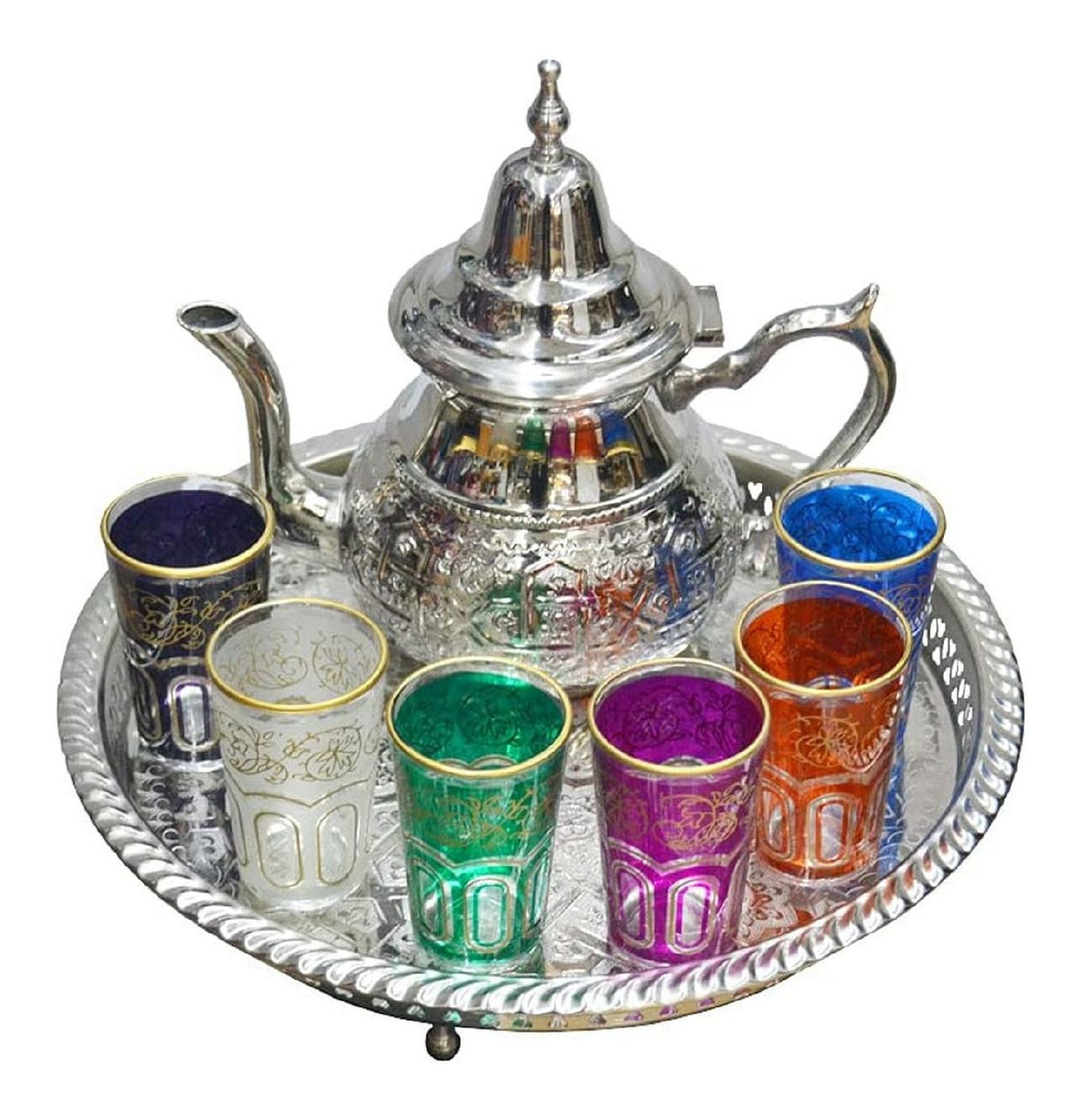 Service the marocain theiere ciselee argent plateau 6 verres couleurs