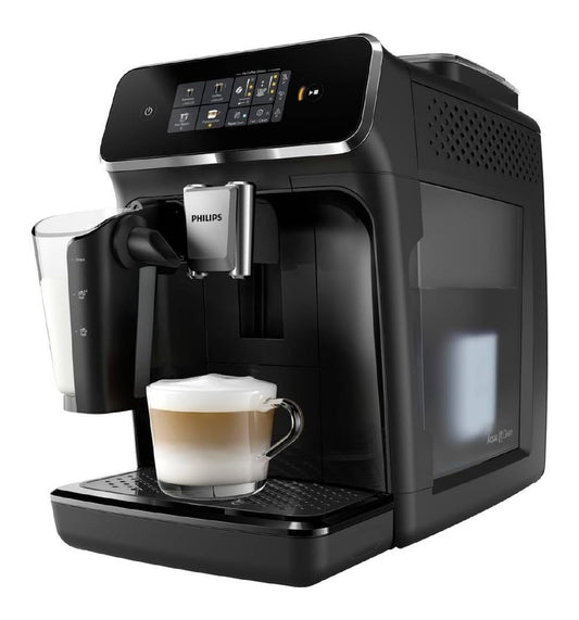 Expresso broyeur ceramique 12 niveaux, 4 boissons, 2 tasses simultanees, noir mat, 1,8 L
