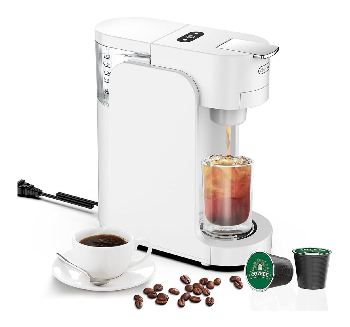 Machine Capsule Compacte 1450W 355ml 4 Tailles Plateau Reglable Blanche One-Touch