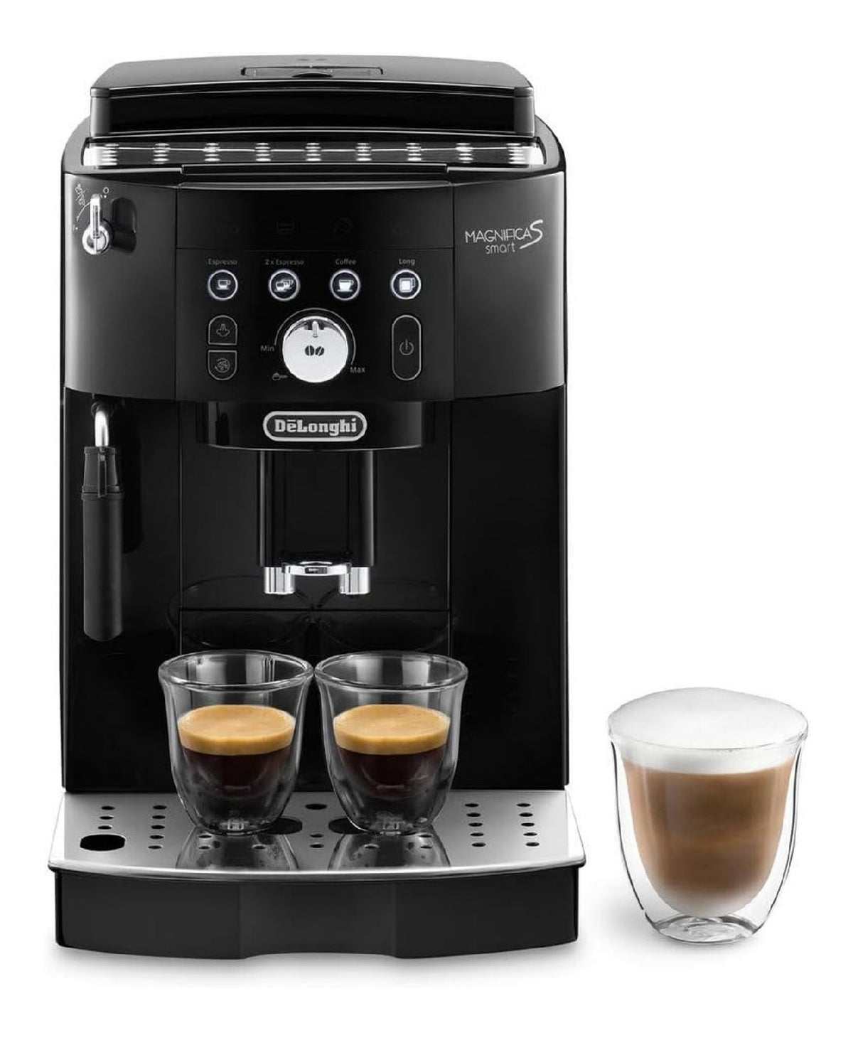 Expresso broyeur grain noir, cafe fraichement moulu, boutons retroeclaires, buse vapeur cappuccino