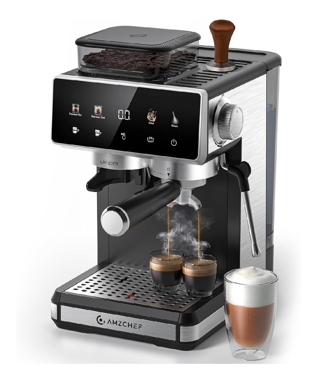 Expresso a moulin integre, controleur PID, 20 bars, 3 temperatures et 20 moutures, inox noir