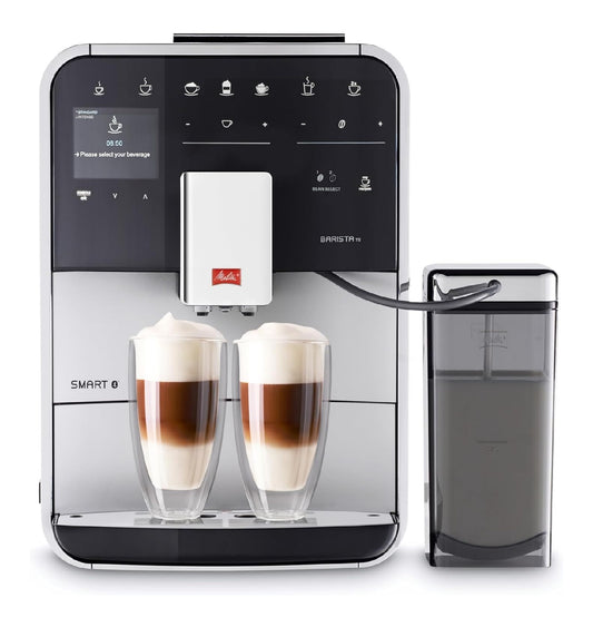 Machine grains premium argent, double reservoir grains, bluetooth, carafe lait, ecran digital