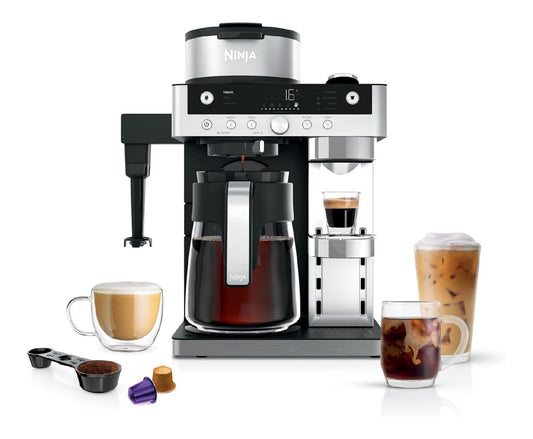 Machine a Cafe Filtre et Capsule 2-en-1 Noire avec Carafe et Buse Vapeur
