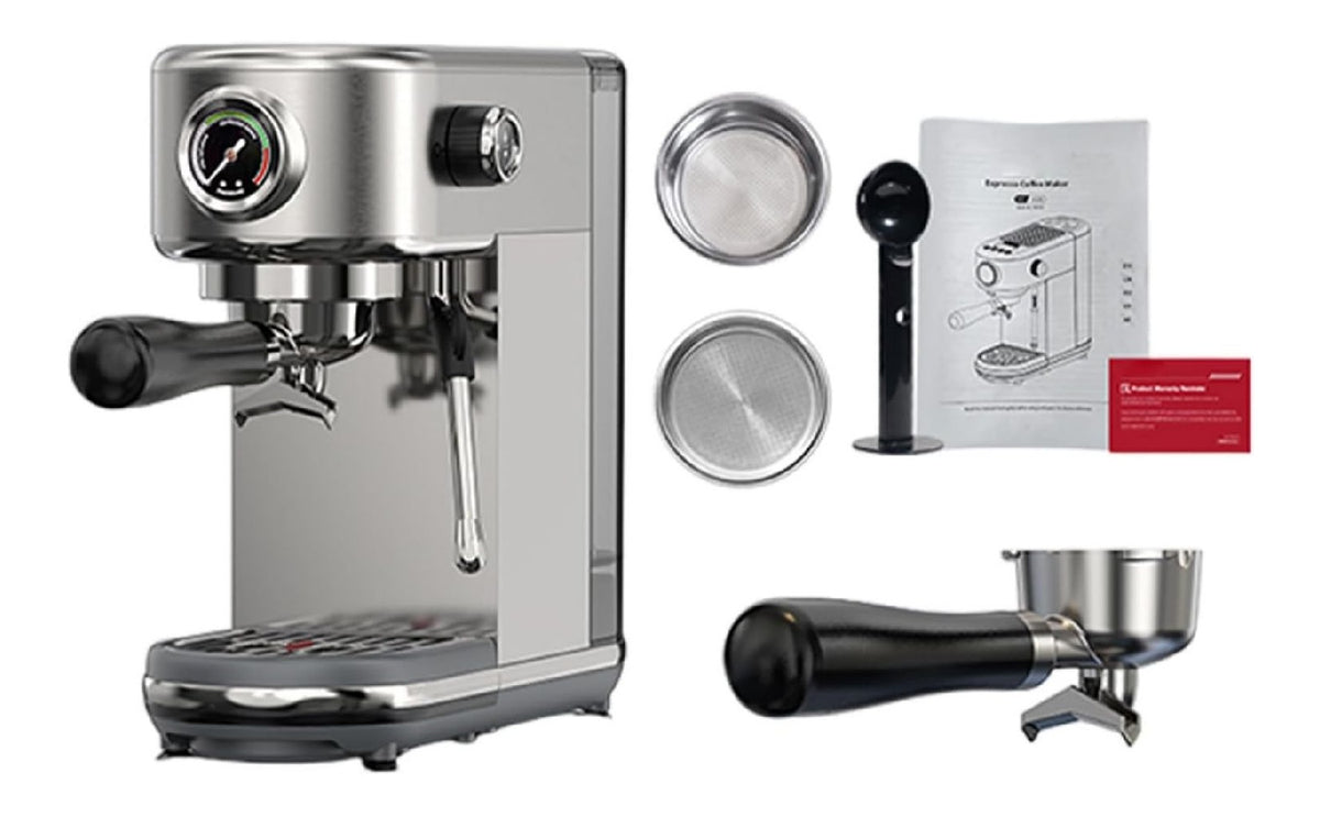 Machine Expresso Inox 20 Bars Manometre Pression avec Filtres et Accessoires