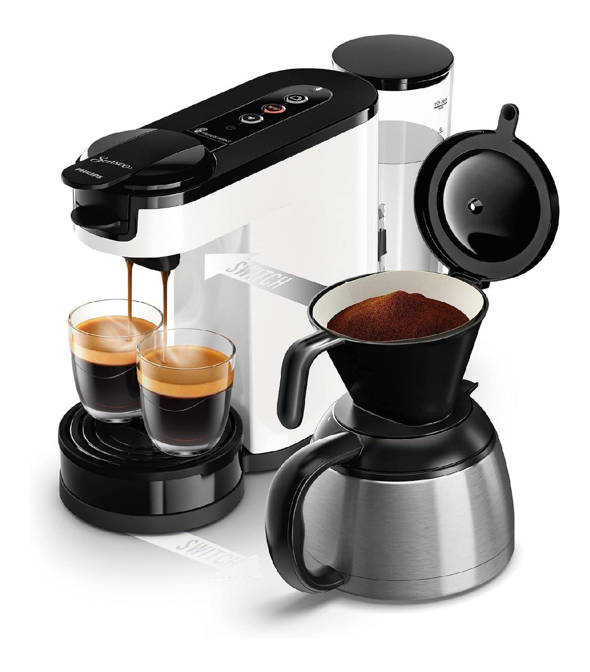 Machine a Dosettes et Filtre Blanche 2-en-1 avec Verseuse Isotherme Inox