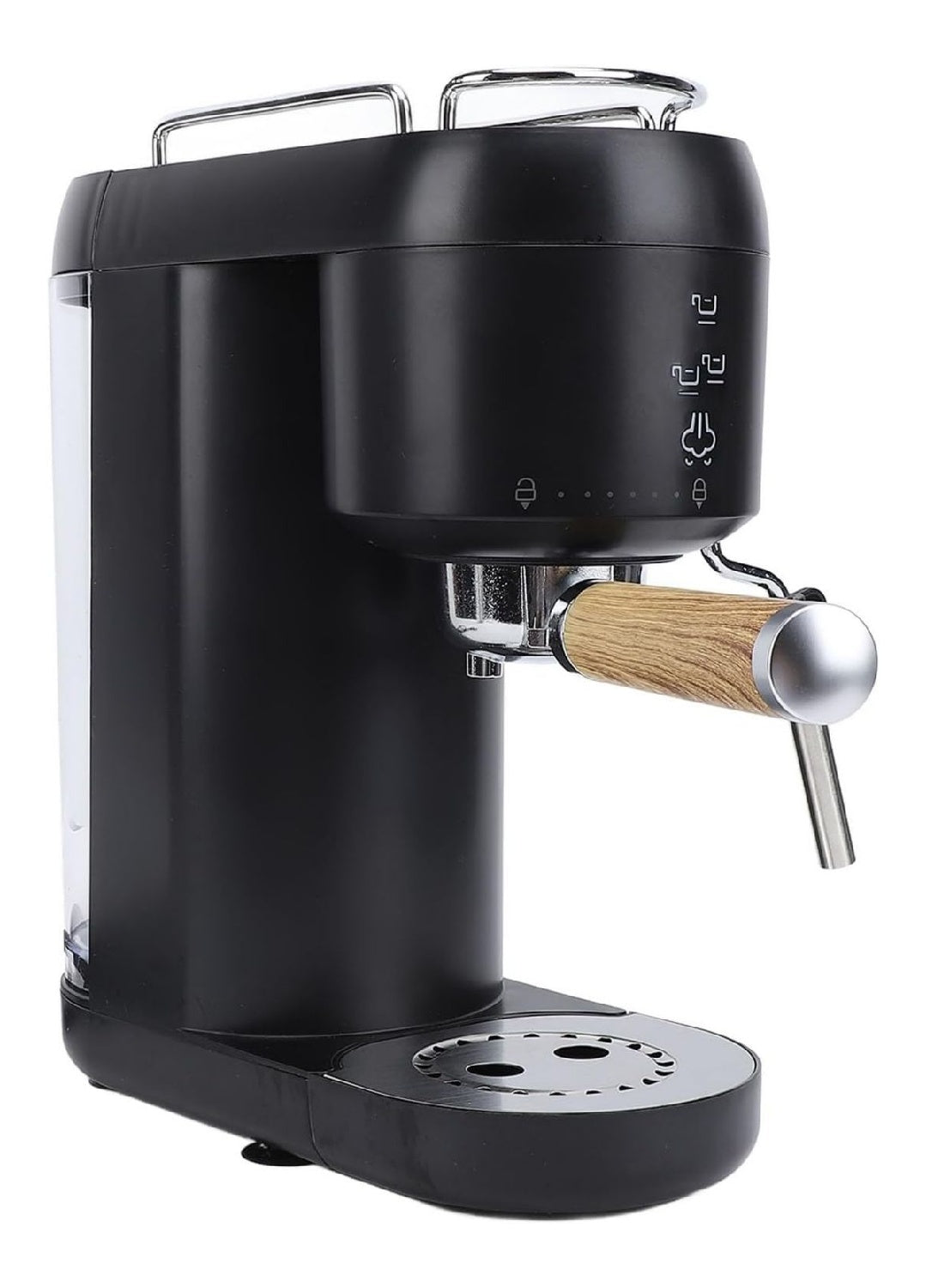 Machine Expresso Compacte Noir Poignee Bois Buse Vapeur et Panneau Icones