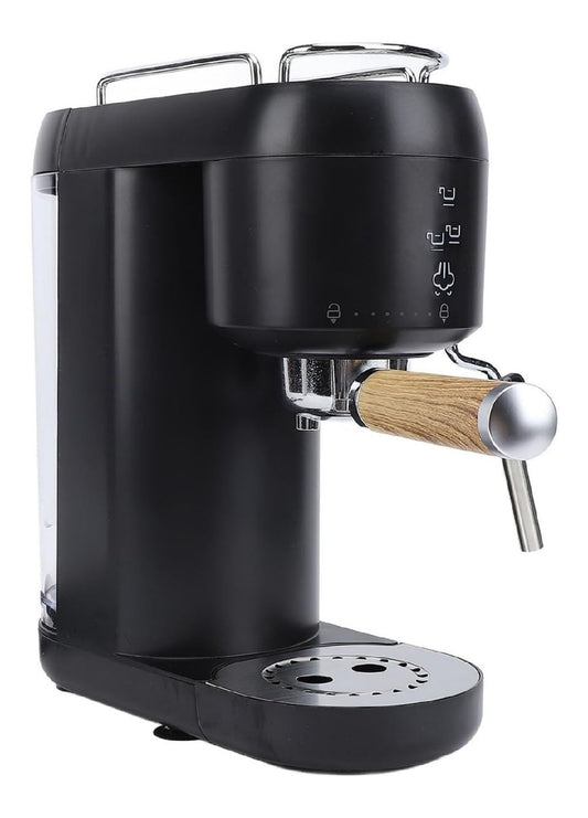 Machine Expresso Compacte Noir Poignee Bois Buse Vapeur et Panneau Icones