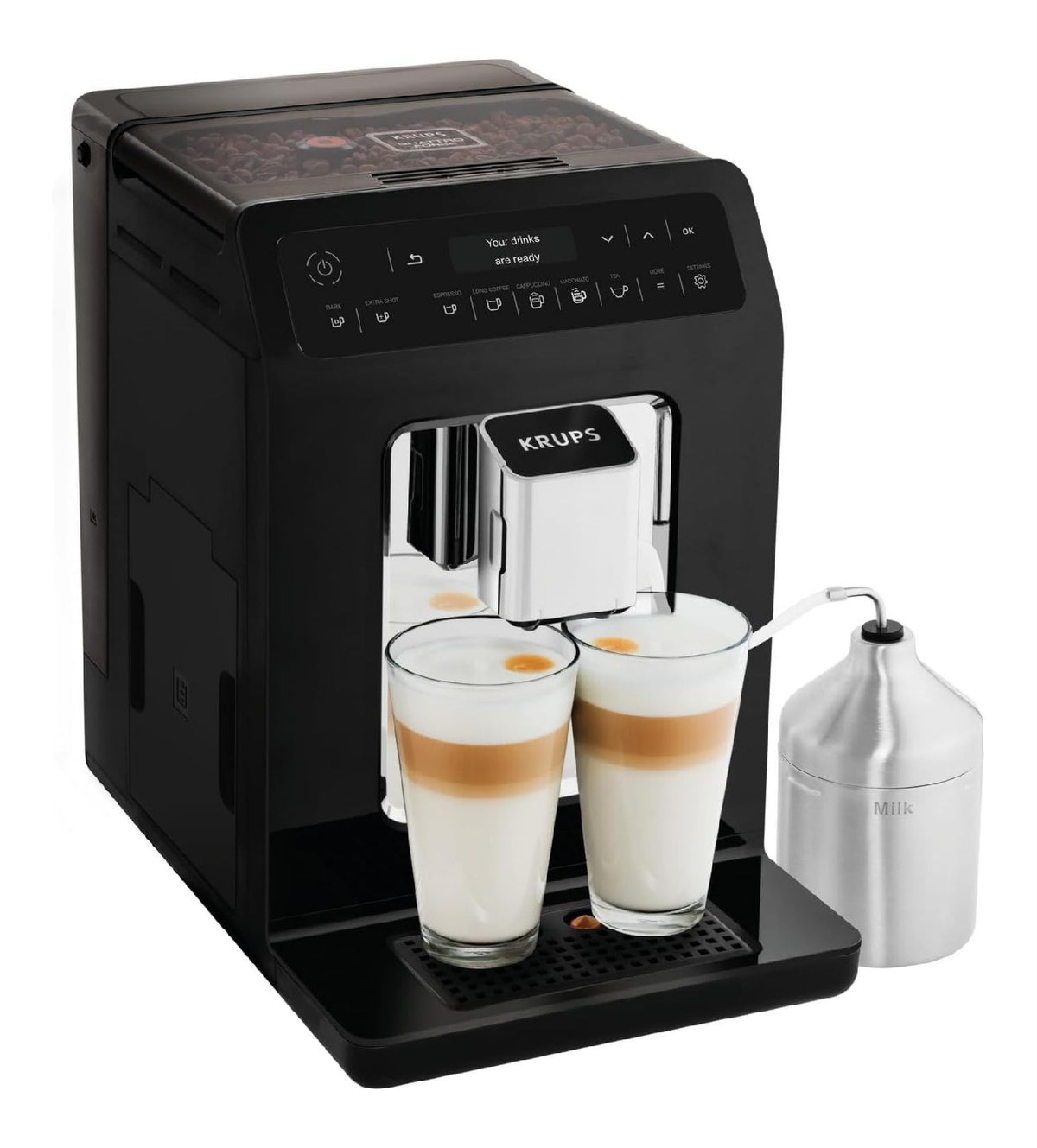 Machine a Grain Automatique Noire avec Pot Lait Inox 2 Tasses Simultanees