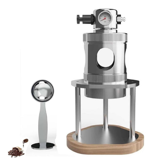 Cafetiere Expresso a Pression dAir Inox avec Manometre et Socle Bois avec Cuillere