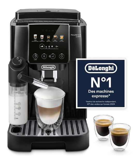 Machine grains automatique 4 boissons noire, carafe lait refrigerable, compacte pour famille