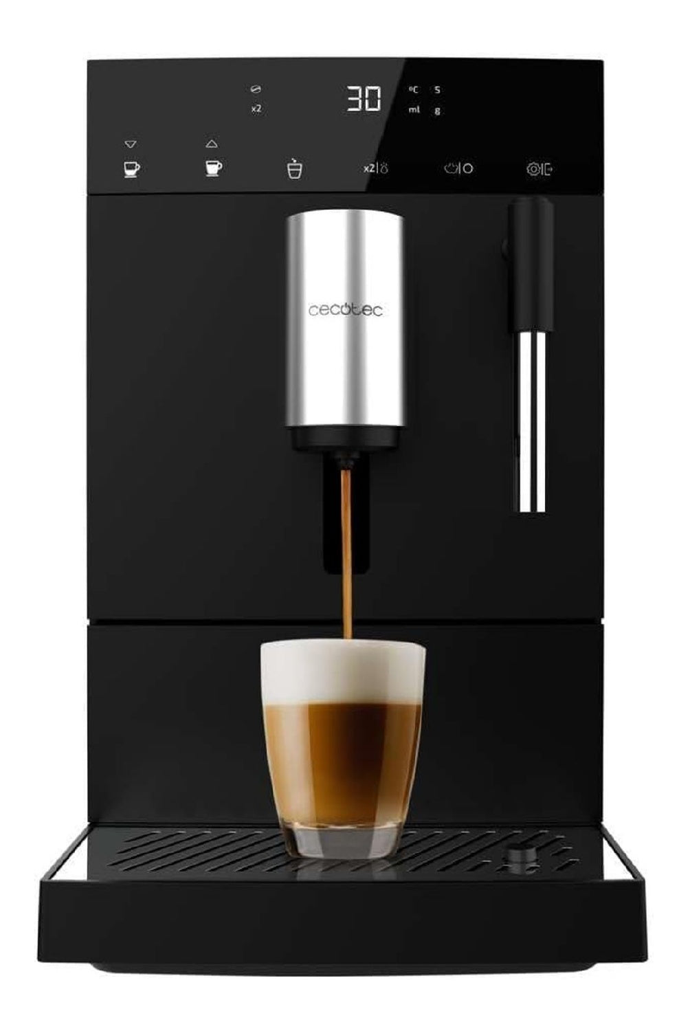 Machine grains super-automatique compacte noire, 19 bars chauffe rapide, buse vapeur, pret en bouton