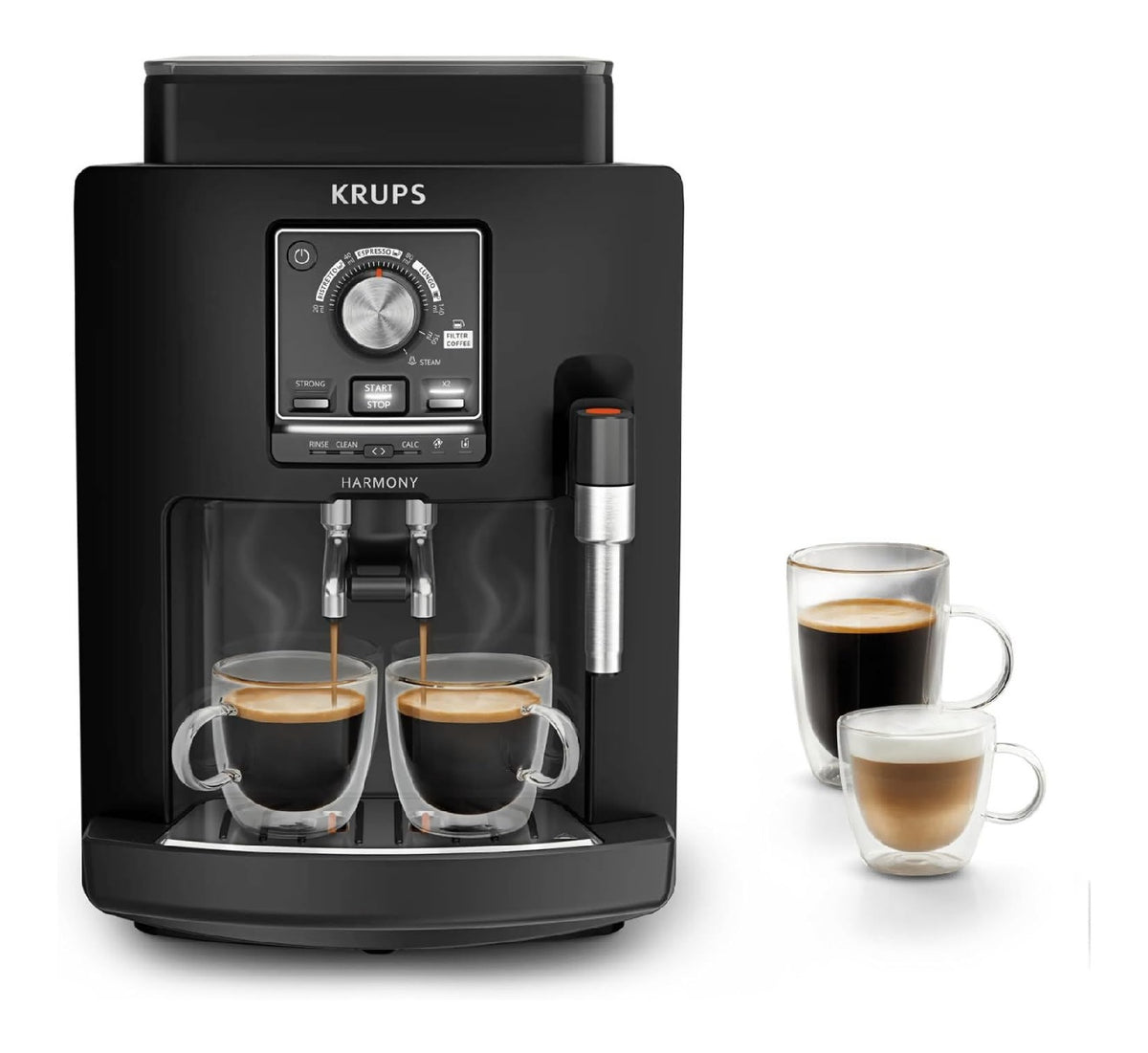 Machine grains automatique noire, 4 recettes par molette, buse vapeur et filtre cafe, 15 bars