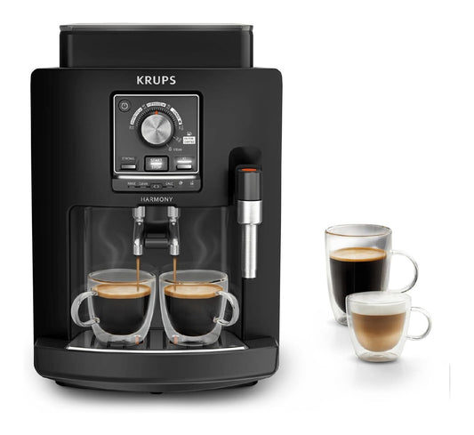 Machine grains automatique noire, 4 recettes par molette, buse vapeur et filtre cafe, 15 bars