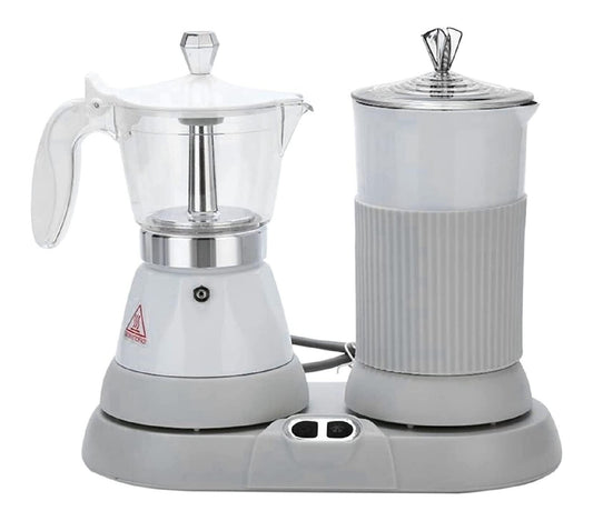 Moka Electrique Blanc avec Mousseur Lait Inclus Deux Positions Chauffantes